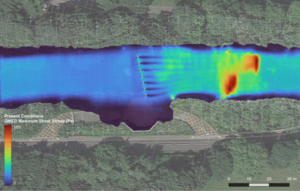 Model output, showing shear stresses in channel downstream around and downstream of structure Model-output-showing-shear-stresses-in-channel-downstream-around-and-downstream-of-structure